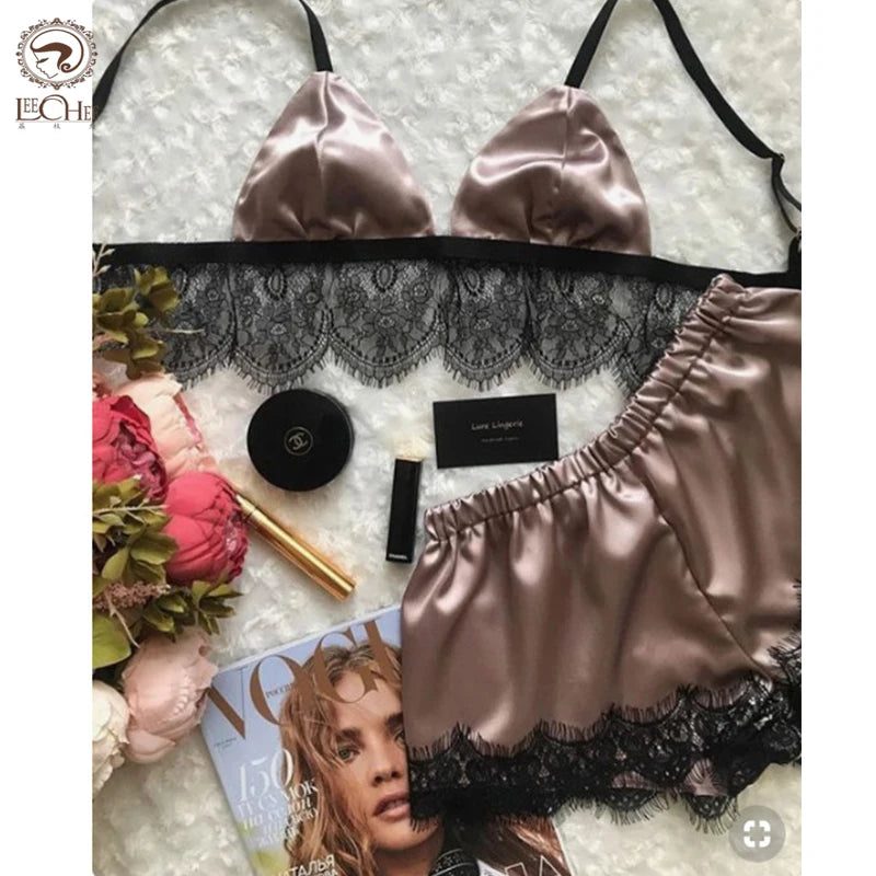 2023 New Pajamas for Women Sexy Satin Pajamas Set Comfortable Home Clothes Sleeveless Cute Bra  and Shorts V Neck Sleepwear