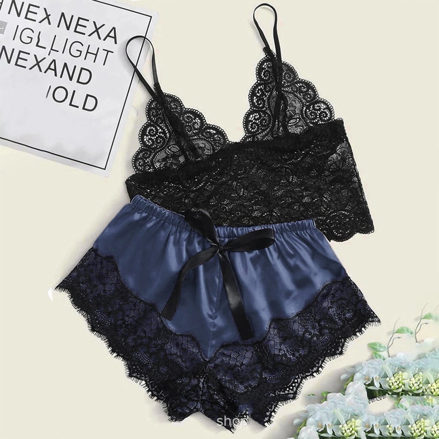 Women Fashion Elegant Pajama Sets Women Lace Silk Sleepwear Sexy Lingerie Crop Tops and Shorts Babydoll Loungewear Pijamas