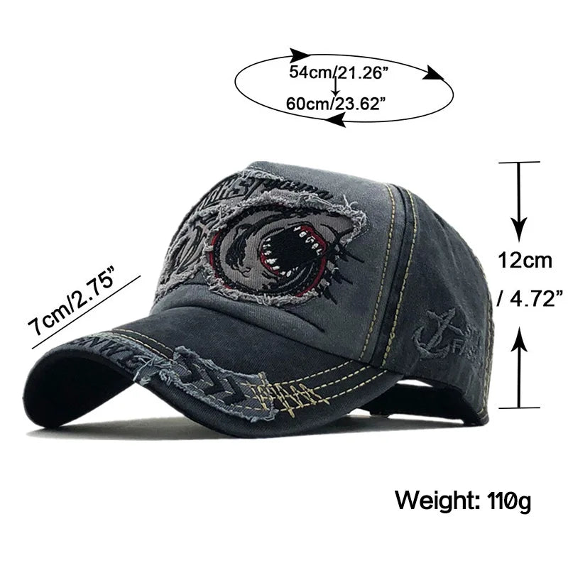 2022 Men's and Women's Outdoor Baseball Cap Shark Cowboy Hat Adjustable Peaked Cap Sun Hat Embroidered Washed Cotton Hat Couple