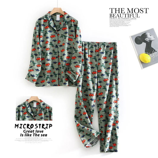 Women's Autumn and Winter Cartoon Printed Fashion Pattern Cotton Warm Brushed Homewear Pajamas Suit for Women Sleepwear
