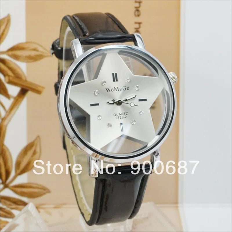 Fashion Star Watch Women Hollow Transparent Watches Leather Belt Quartz Wristwatches Ladies Female Clock WOMAGE reloj mujer