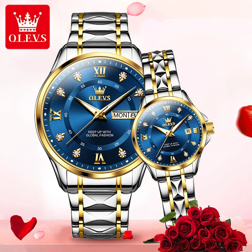 OLEVS Original Luxury Brand Couple Watch Waterproof Romantic Quartz Watch Luminous Fashion Men's and Women's Watches Diamond