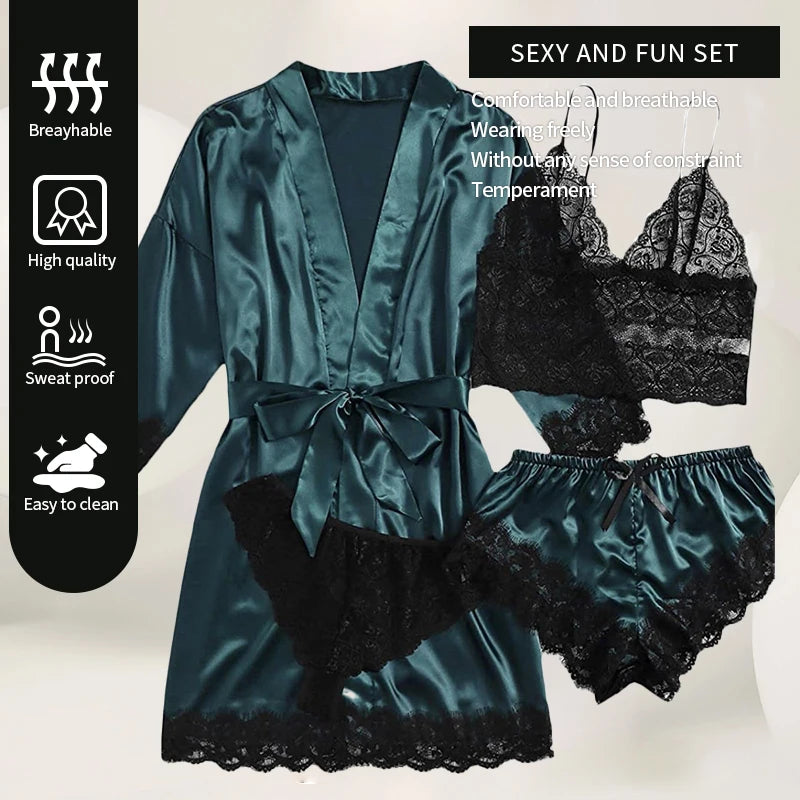 Summer 4 Piece Set of Women's Lace Underwear Paired with Pajama Waistband Outer Robesexy Pajama Lace Patchwork Home Pajama Set
