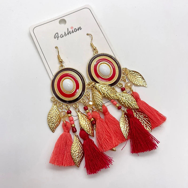Fashion Boho Oval Drop Glaze Tassel Earrings for Women Ethnic Temperament Metal Leaf Bead Dangle Earring Vacation Party Jewelry