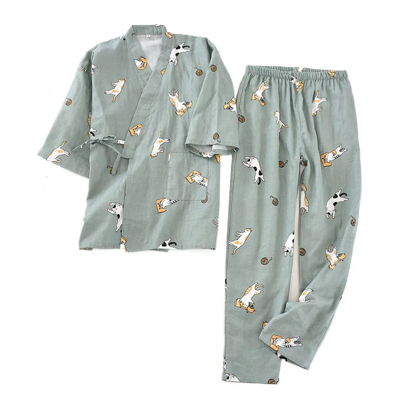 Women Kimono Pajamas Homewear Suit Cat Printing Cartoon Design Long Trousers Sleep Wear Spring and Summer Women Pijamas De Mujer