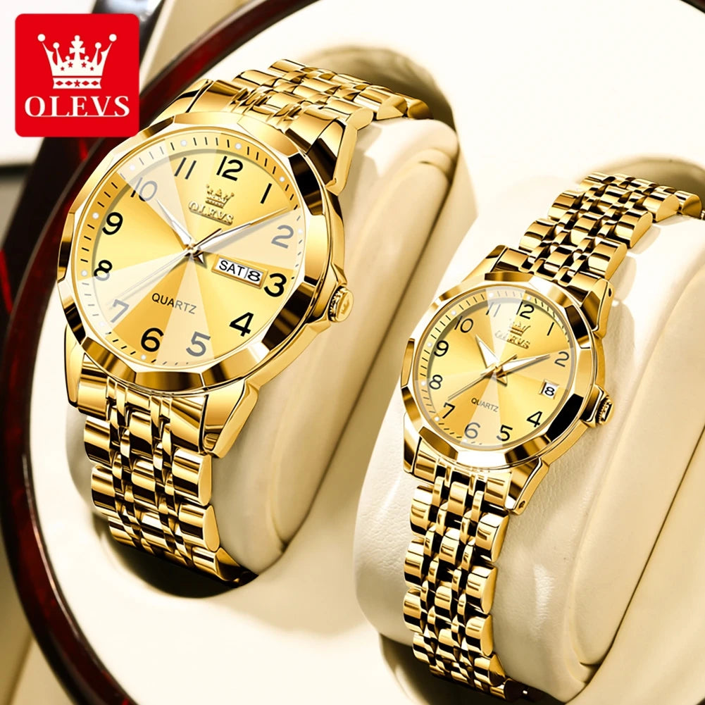 OLEVS 9970 New Luxury Quartz Couple Watch For Men Women Number Dial Rhombus Mirror Hand Clock Stainless Steel Original Watches