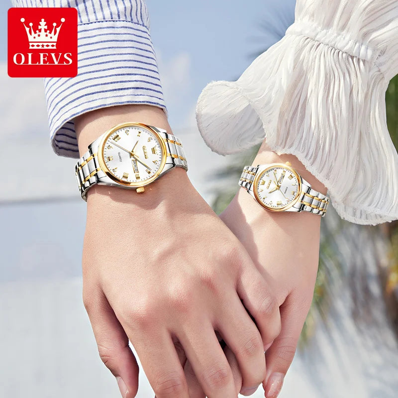 OLEVS 5563 Diamond Luxury Quartz Couple Watches Stainless Steel Waterproof Watch For Men Women Dual Calendar Fashion Hand Clock