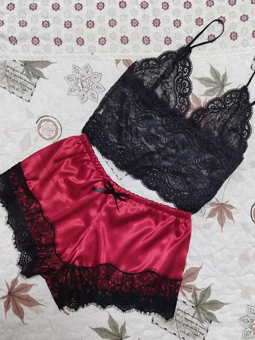 Women Fashion Elegant Pajama Sets Women Lace Silk Sleepwear Sexy Lingerie Crop Tops and Shorts Babydoll Loungewear Pijamas