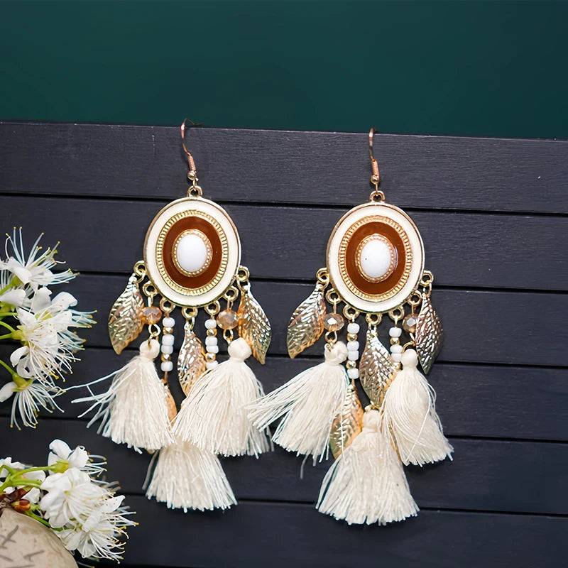 Fashion Boho Oval Drop Glaze Tassel Earrings for Women Ethnic Temperament Metal Leaf Bead Dangle Earring Vacation Party Jewelry