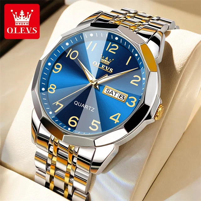 OLEVS 9970 Couple Watch Classic Digital Dial Stainless Steel Rhombus Mirror Luxury Top Quartz Watches for Men Women Lover's Gift