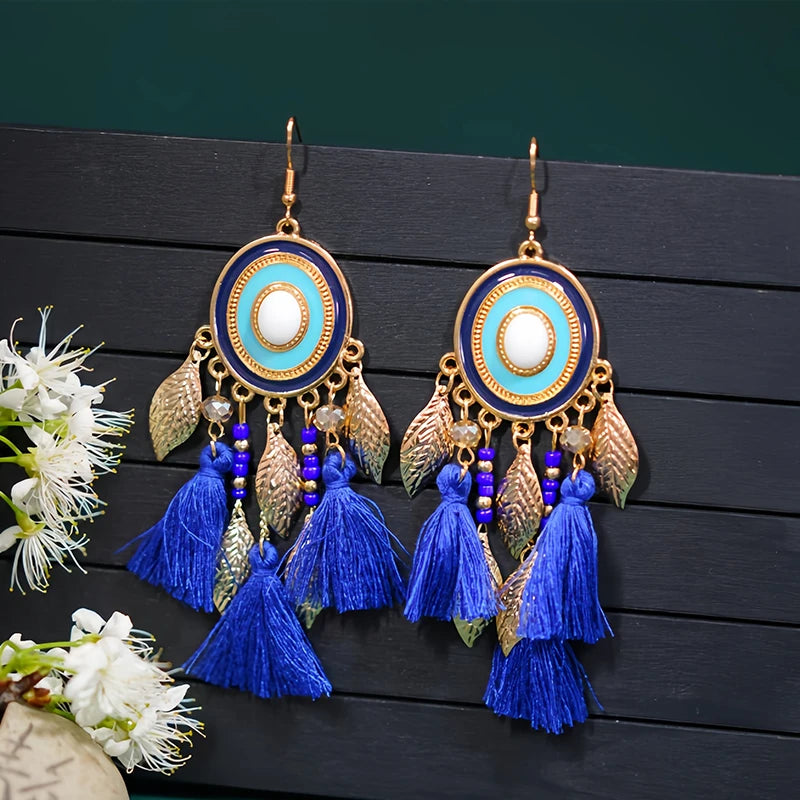 Fashion Boho Oval Drop Glaze Tassel Earrings for Women Ethnic Temperament Metal Leaf Bead Dangle Earring Vacation Party Jewelry