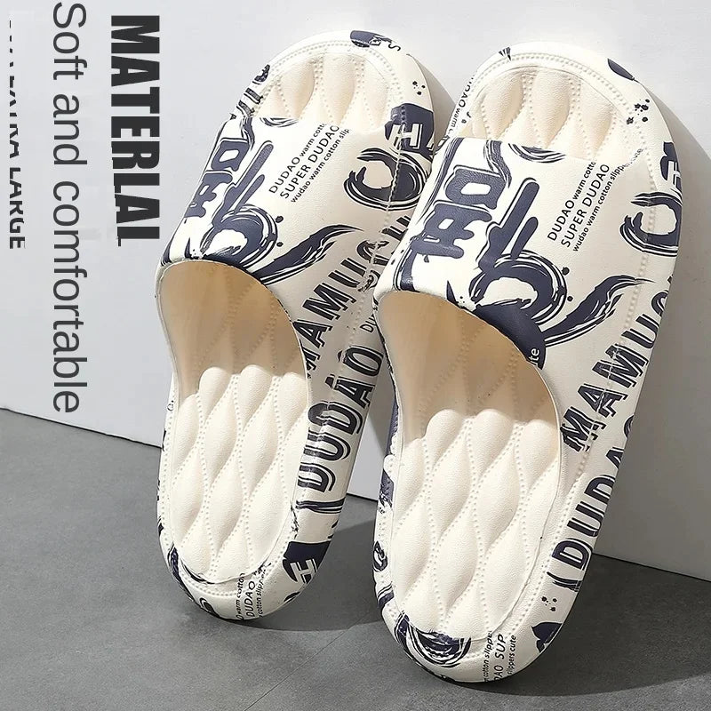 QYCKABY 2024 Mens Summer Slippers Beach Sandals Flip Flop Printing Thick Soled Boys Girls Unisex Home Bath Shoe Large Size 46-47