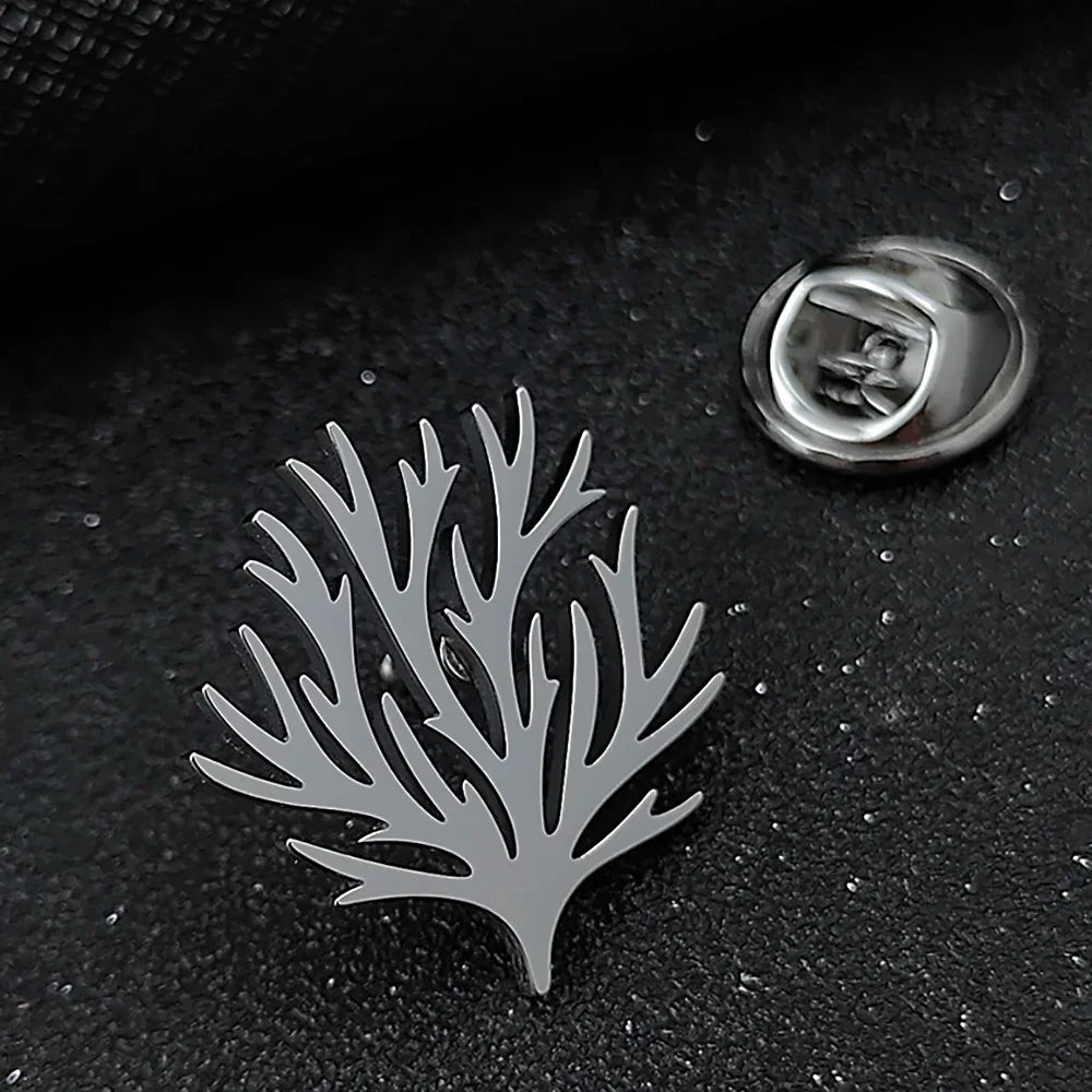 Stainless Steel Seaweed Tree Brooch for Men Suit Lapel Pins Men Jewelry Accessories Personalized Wedding Party Gifts for Dad