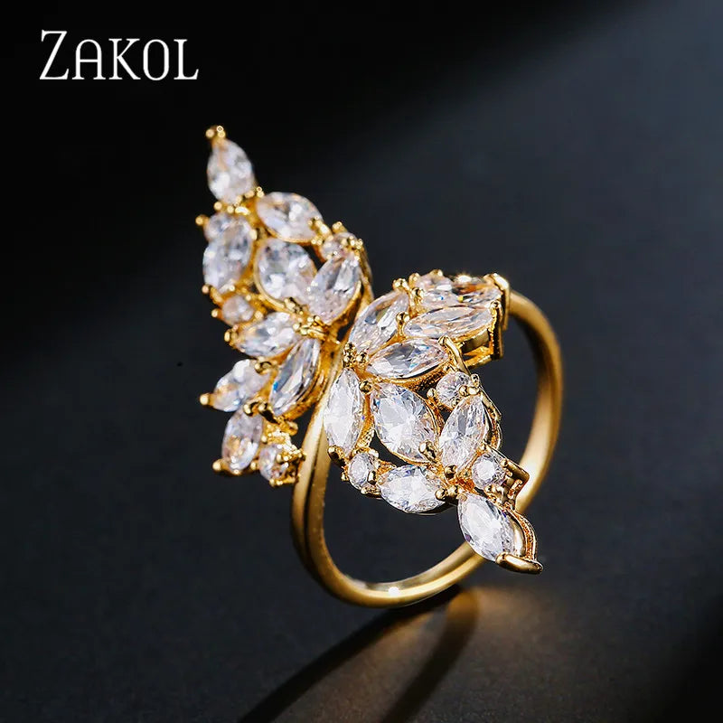 ZAKOL Fashion White Zirconia Leaf Open Rings for Girl Trendy Crystal Wing Finger Adjust Ring Party Women Jewelry