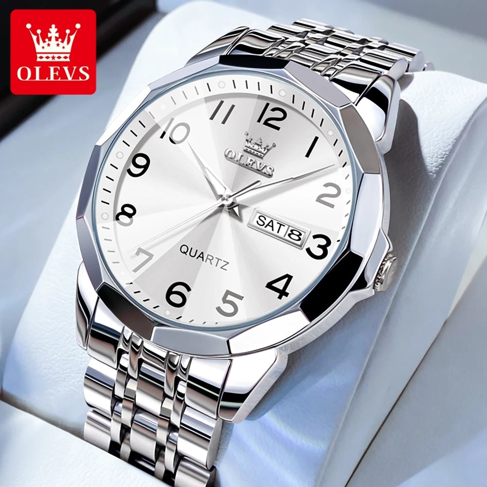 OLEVS 9970 New Luxury Quartz Couple Watch For Men Women Number Dial Rhombus Mirror Hand Clock Stainless Steel Original Watches