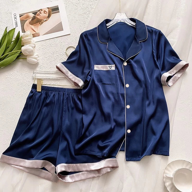 Embroidery Grapic Women's Pajama Set Faux Silk Satin Pajamas Sets Two Piece Shorts Set Women Comfortable Home Pajamas Clothing