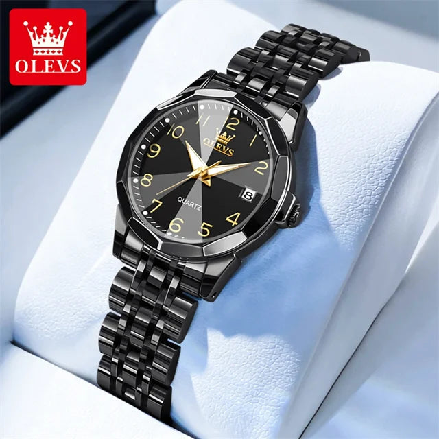 OLEVS 9970 Couple Watch Classic Digital Dial Stainless Steel Rhombus Mirror Luxury Top Quartz Watches for Men Women Lover's Gift